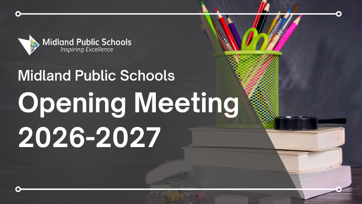 Opening meeting graphic featuring a green cup with pencils and school supplies